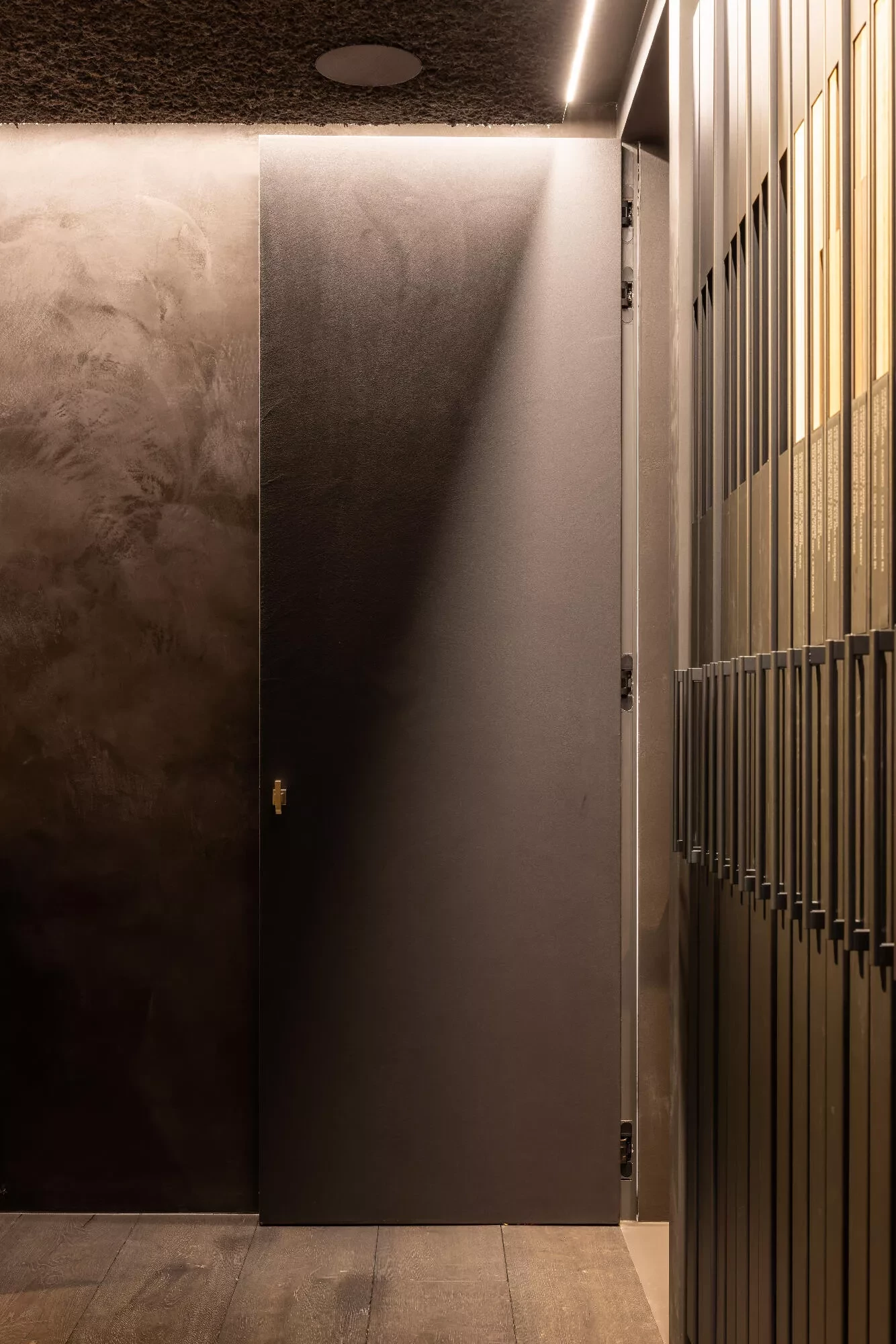 Ingang douche Brutal Dark Room Modern interieur met zwarte Thalostuc Origin muren, Woodstoxx vloer en zwarte Socrete deur