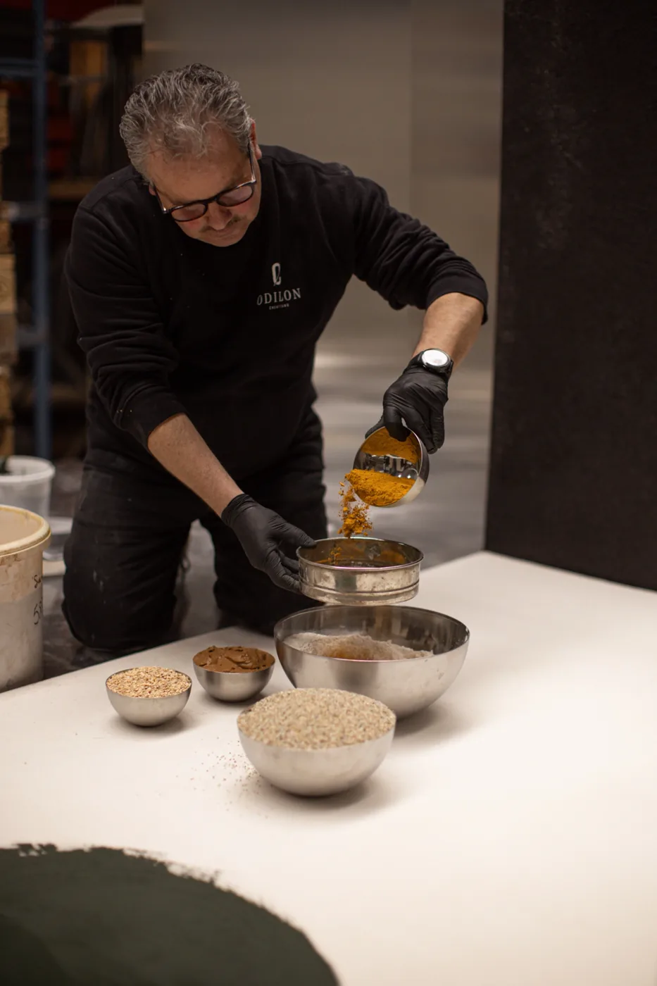 Pouring pigment to develop a bespoke Odilon colour