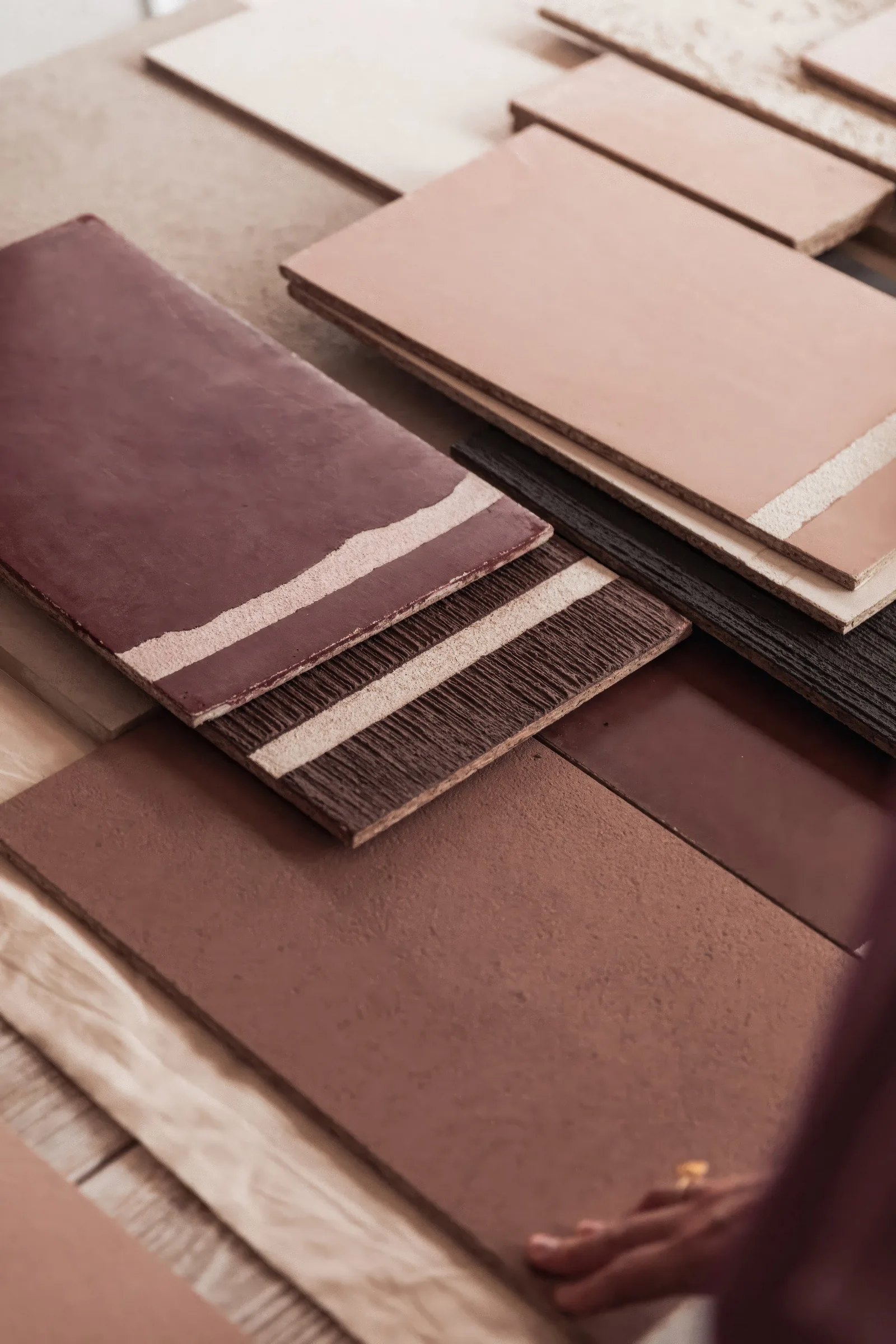 Odilon colour samples in bespoke earthen and burgundy tones
